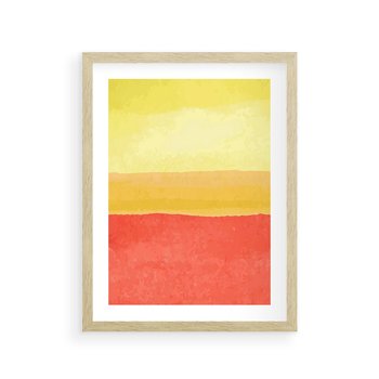 Plakat w ramie 30x40 - Rozmyte Odbicia - kolorowe akwarelowe pasy, odcienie żółci i czerwieni - rama drewno