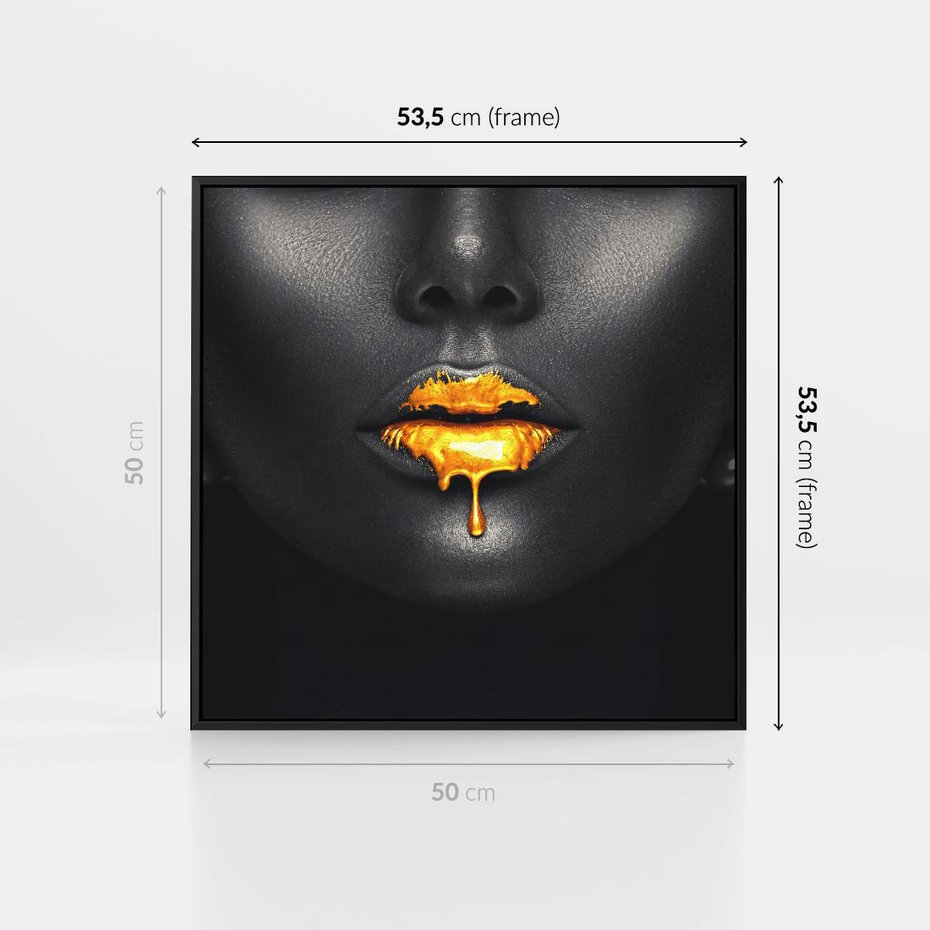 Obraz w ramie 50x50 - Złote Usta Kobiety - złote, usta - rama czarna