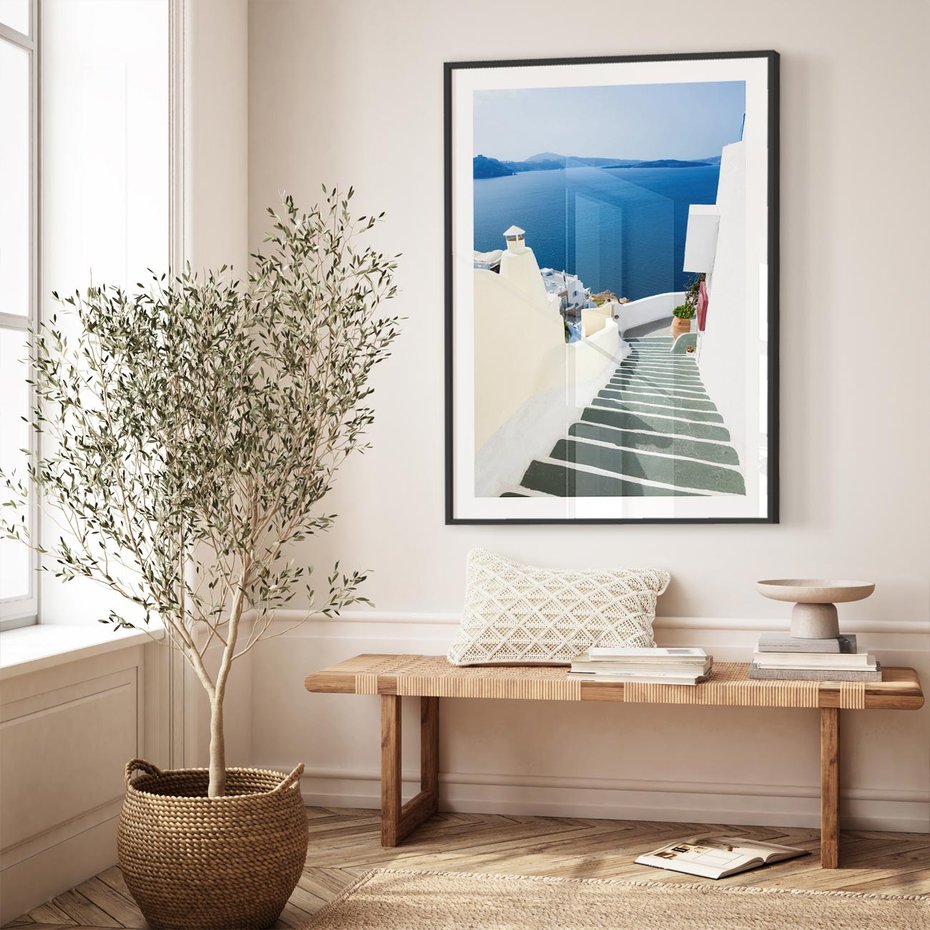 Plakat bez ramy 50x70 - Malowniczy urok wyspy - Santorini, schodki