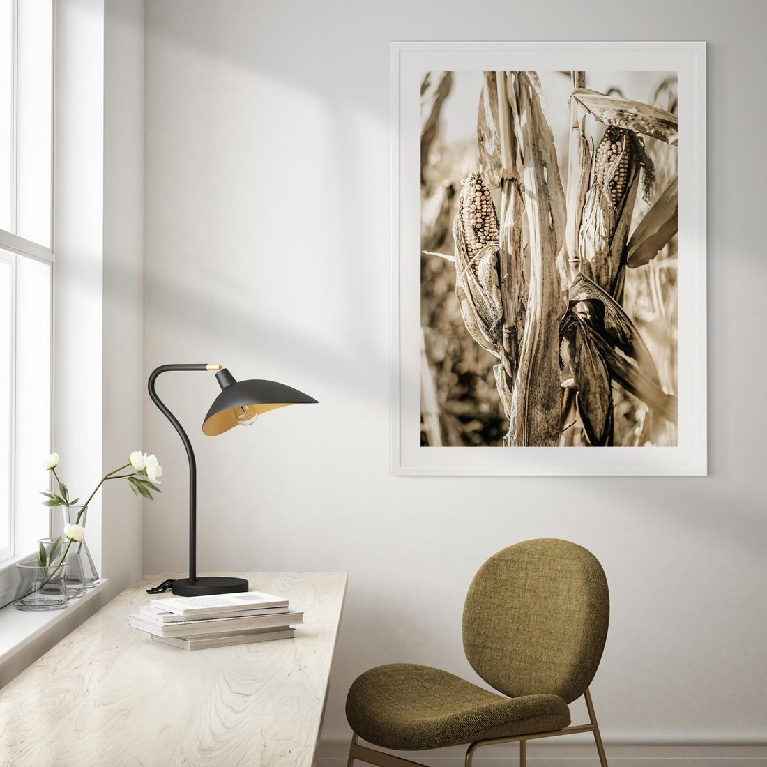 Plakat w ramie 50x70 - Retro Pole Kukurydzy - retro zdjęcie, sepia - rama biała
