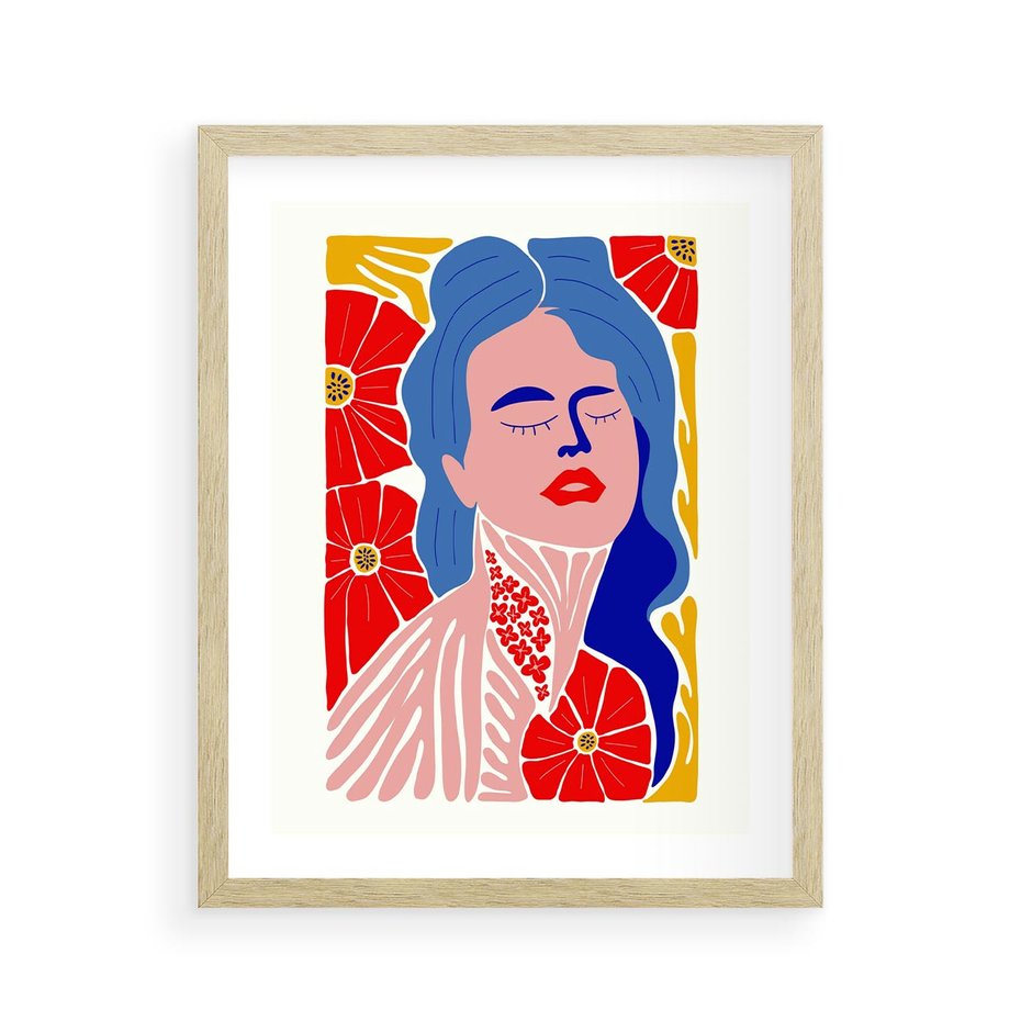 Plakat w ramie 40x50 - Nowoczesna Twarz - nowoczesna grafika, kolorowa twarz kobiety - rama drewno
