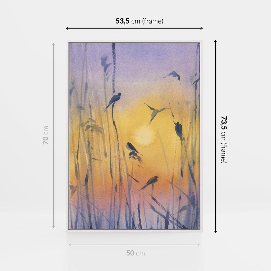 Obraz w ramie 50x70 - Mistyka Poranka nad Szuwaram - wschód słońca w szuwarach, trawy - rama biała