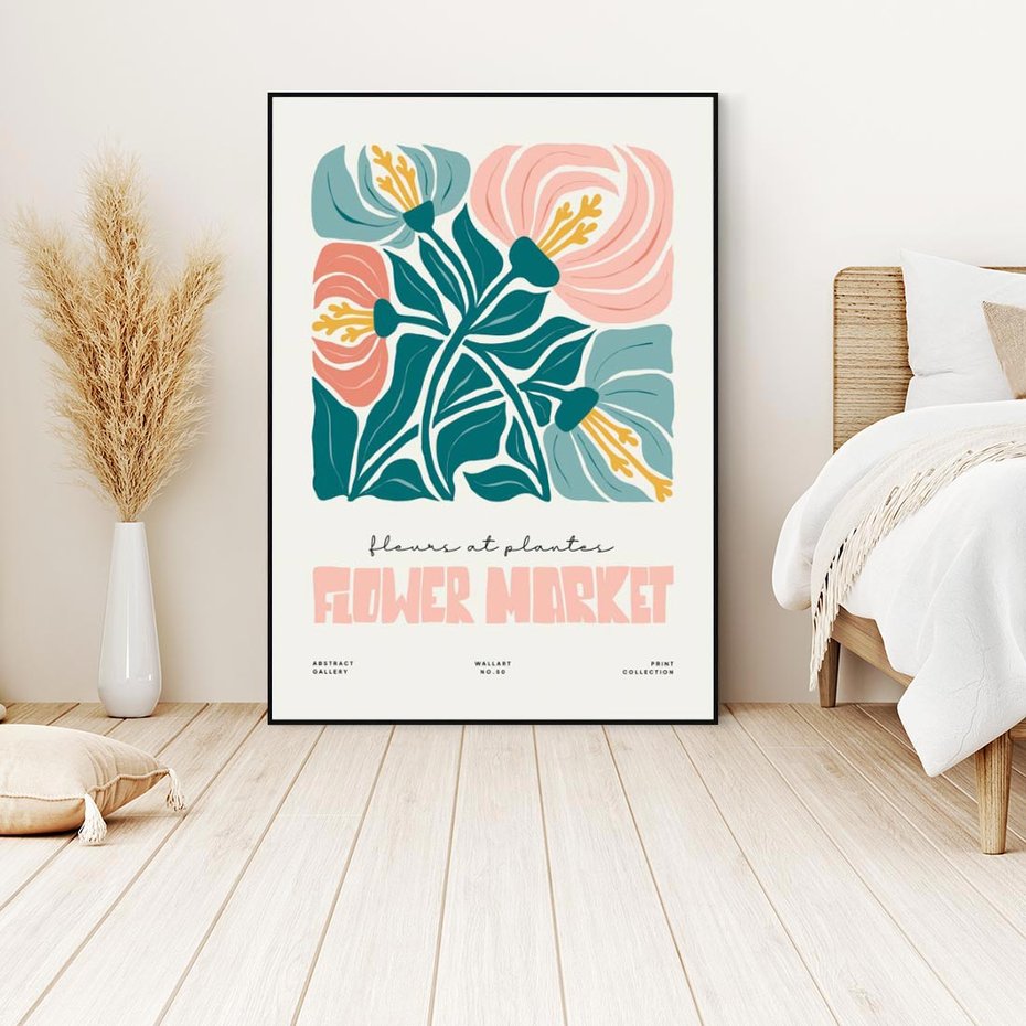 Obraz w ramie 50x70 - Taniec Kształtów - kwiaty, abstrakcyjna kompozycja - rama czarna