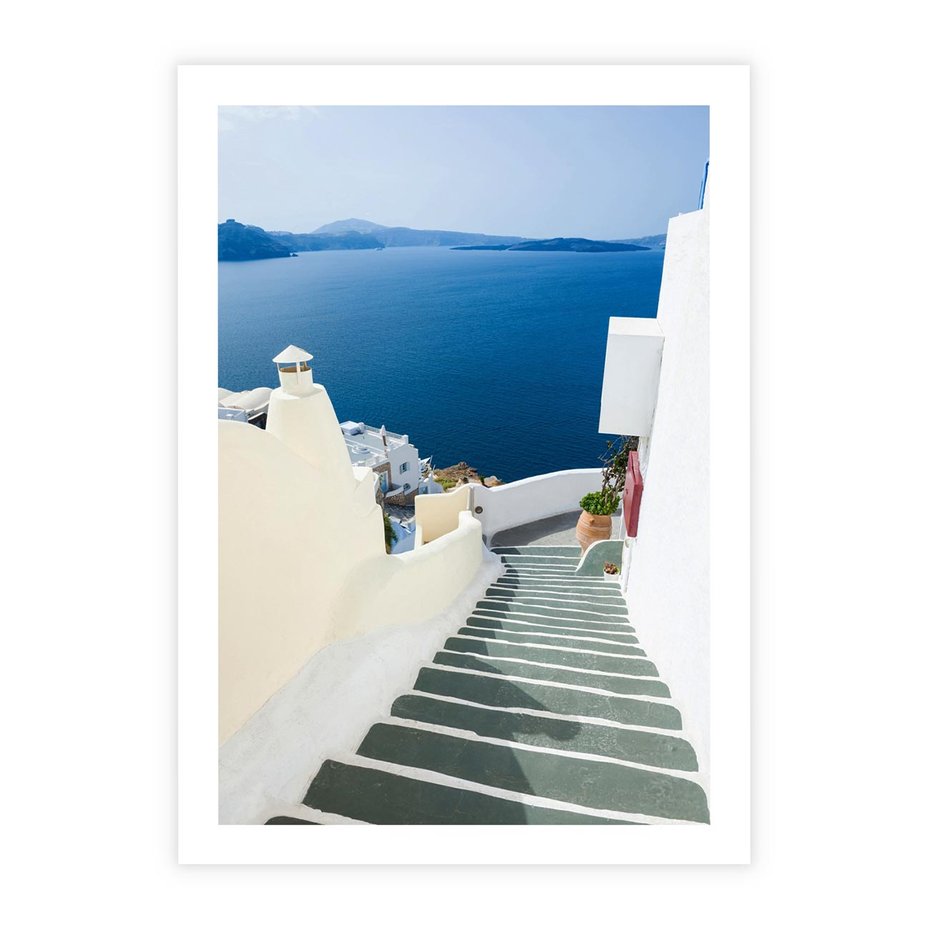 Plakat bez ramy 21x30 - Malowniczy urok wyspy - Santorini, schodki