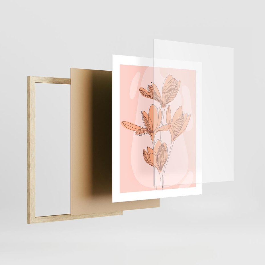 Plakat w ramie 40x50 - Przenikające Kształty - minimalistyczny plakat, pudrowe kwiaty - rama drewno