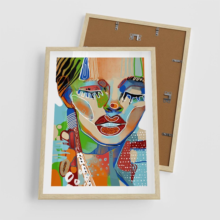 Plakat w ramie 50x70 - Kolorowe Formy - abstrakcyjny portret kobiety, twarz - rama drewno