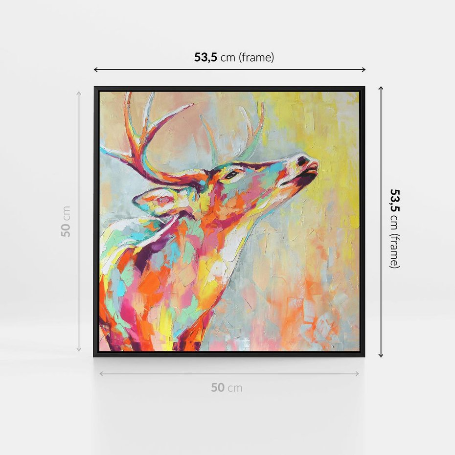 Obraz w ramie 50x50 - Impresje snów malarza - kolorowy olejny obraz, jeleń ryczący na rykowisku - rama czarna