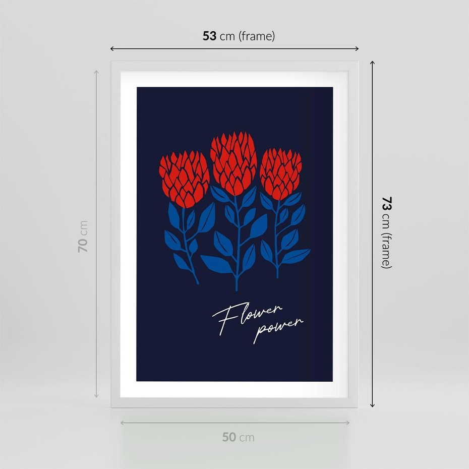 Plakat w ramie 50x70 - Podróżne Barwy - czerwone abstrakcyjne kwiaty, granatowe tło - rama biała