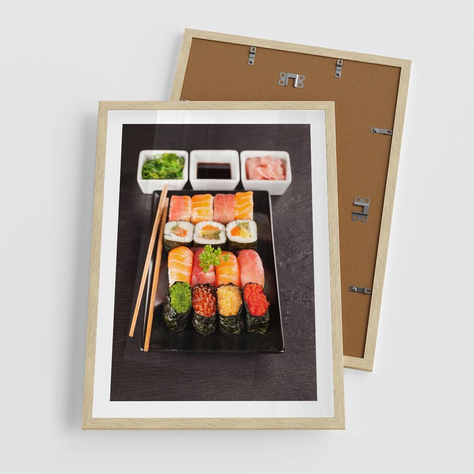 Plakat w ramie 50x70 - Kulinarne podróże do Japonii - sushi, japonia - rama drewno