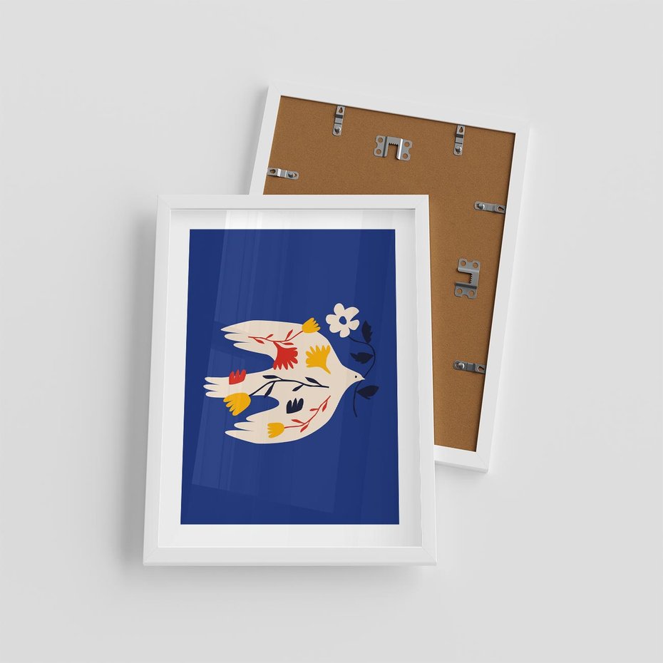 Plakat w ramie 30x40 - Bezczasowy Szept - niebieskie tło, abstrakcyjny biały ptak - rama biała