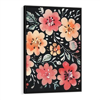 Obraz w ramie 50x70 - Labirynty melancholii - akwarelowe, pastelowe kwiaty na czarnym tle - rama czarna