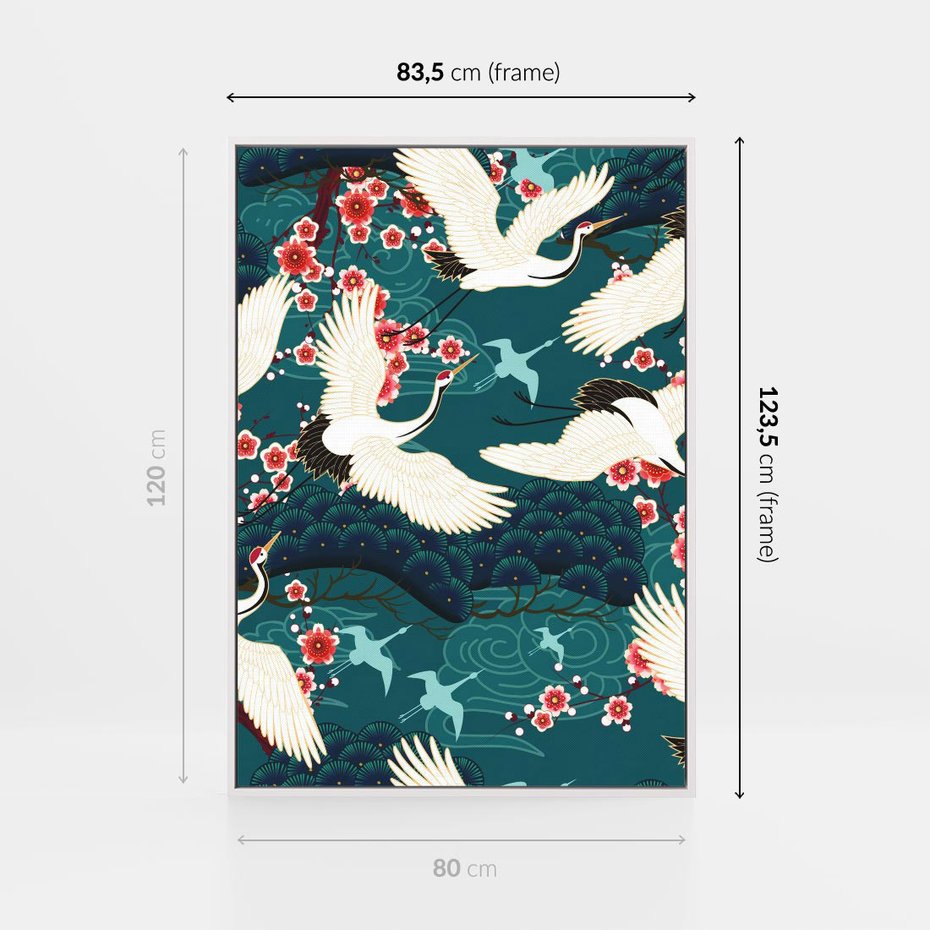 Obraz w ramie 80x120 - Żurawie Wachlarze - orientalne japońskie żurawie, grafika - rama biała