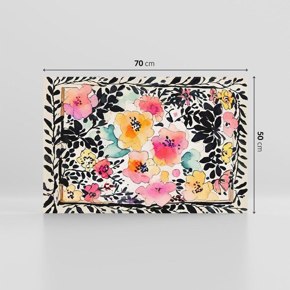 Obraz na płótnie 70x50 - Opowieść w kroplach farb - akwarelowe kwiaty, mocna ornamentowa czarna ramka namalowana dookoła obrazu