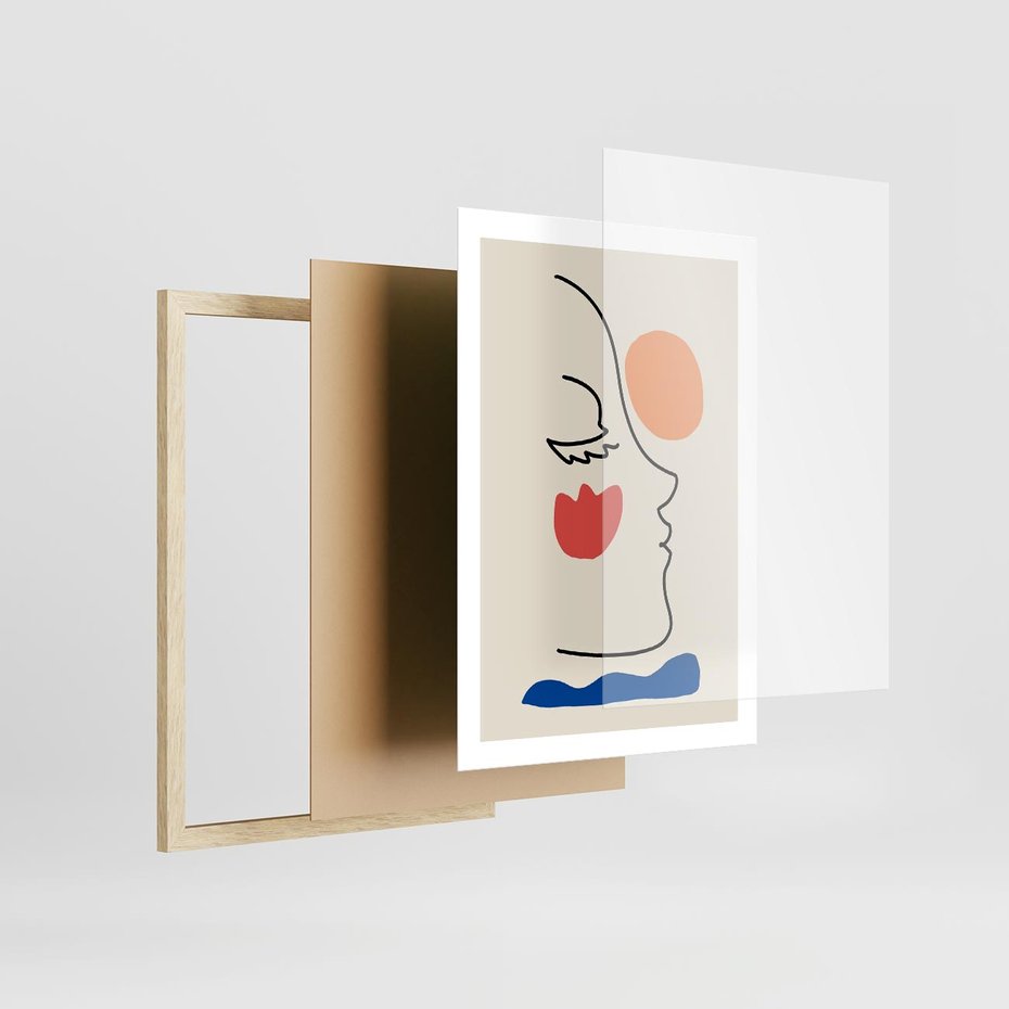 Plakat w ramie 50x70 - Taniec Przenikających Plam - abstrakcyjny obraz, przypomina twarz - rama drewno