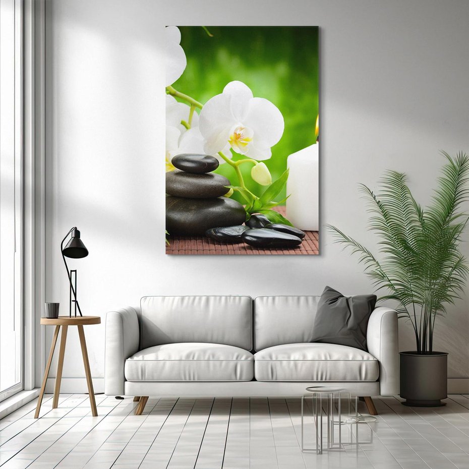 Obraz na płótnie 80x120 - Relaksacyjny SPA: masaż z kamieniami i kwiatami - SPA, masaż