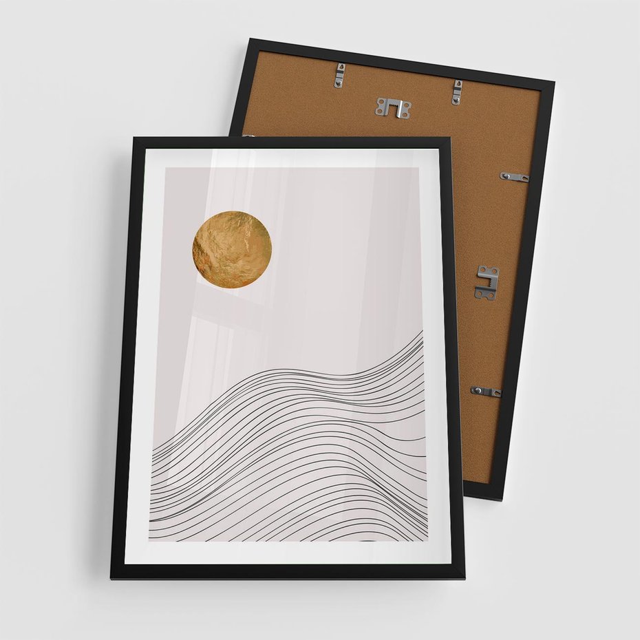 Plakat w ramie 50x70 - Minimalistyczne Słońce: Blask i Złoto - grafika, minimalizm - rama czarna