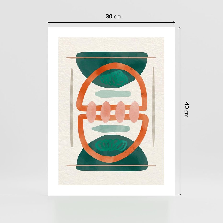 Plakat bez ramy 30x40 - Oryginalny obraz abstrakcyjny w nowoczesnym stylu. Geometryczne akwarelowe kształty w intensywnych odcieniach zieleni i pomarańczu. Doskonała dekoracja dla miłośników sztuki. - abstrakcyjny obraz, sztuka nowoczesna
