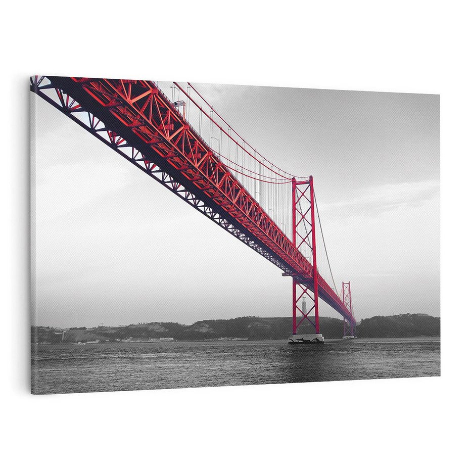 Obraz na płótnie 120x80 - Majestatyczny Most - czarno biała fotografia, czerwony stalowy most nad rzeką