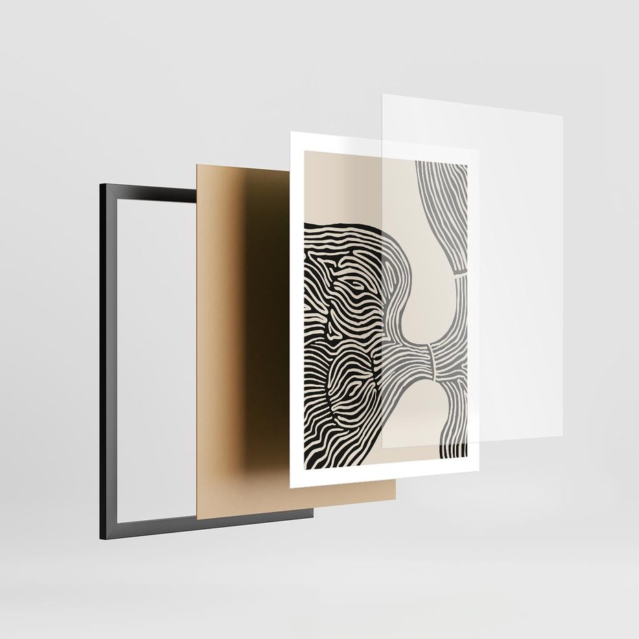 Plakat w ramie 50x70 - Harmonijne Kształty - abstrakcyjne ryciny, czarno biały - rama czarna