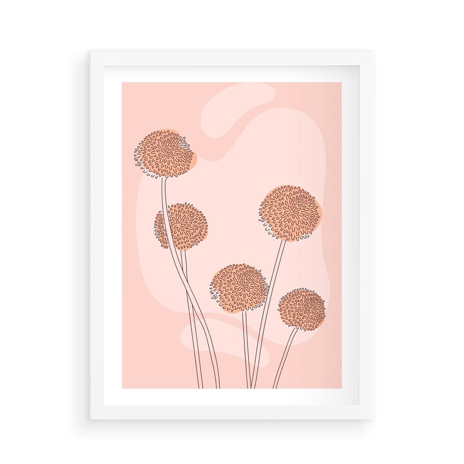 Plakat w ramie 50x70 - Rozkwitające Emocje - minimalistyczny plakat, pudrowe kwiaty - rama biała