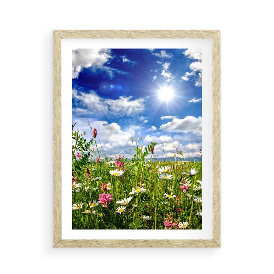 Plakat w ramie 50x70 - Niebiańska łąka pełna kwiatów - łąka, niebo - rama drewno