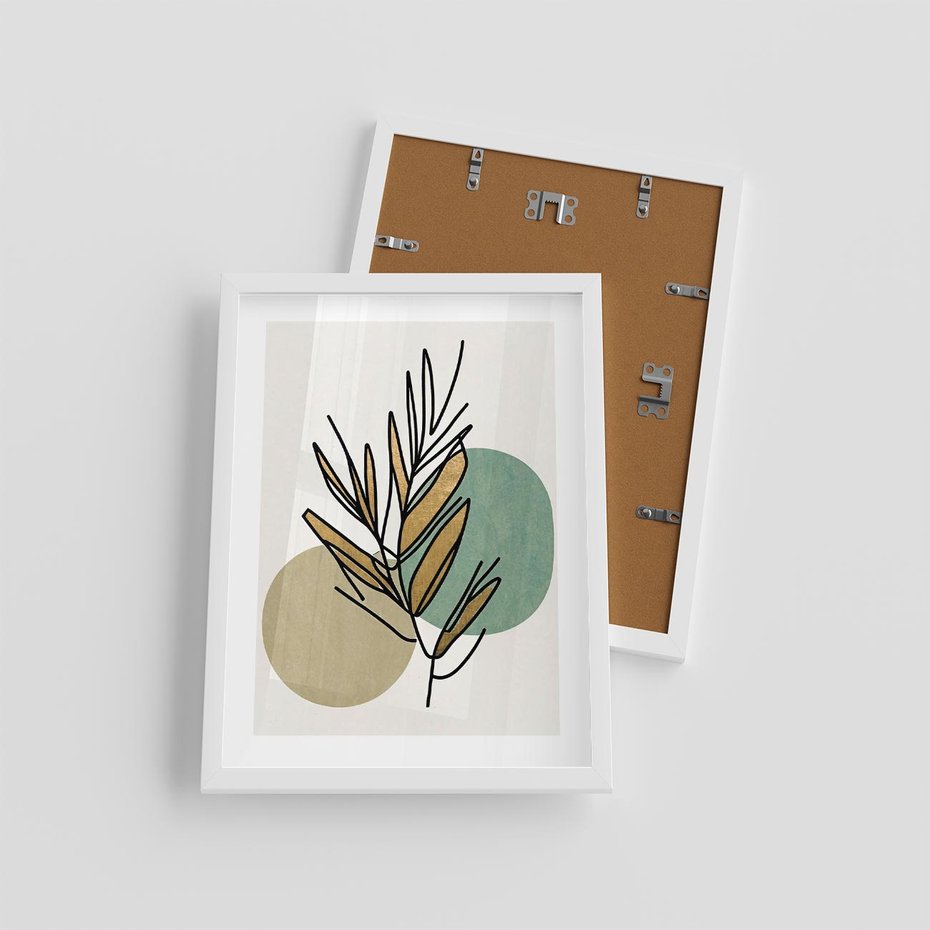 Plakat w ramie 30x40 - Migocące Ścieżki Wizji - abstrakcyjny obraz boho, liście - rama biała