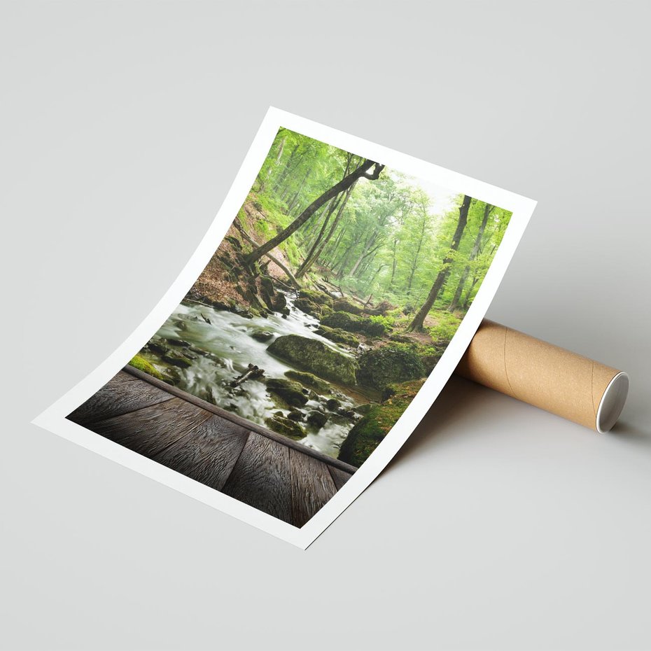 Plakat bez ramy 21x30 - Strumyk w lesie - strumyk, w lesie