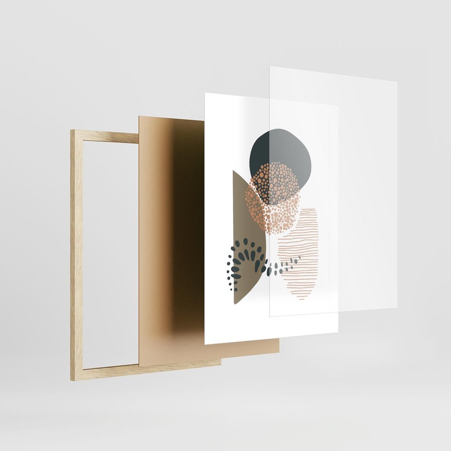 Plakat w ramie 50x70 - Harmonia Akwarelowych Przestrzeni - abstrakcyjna kompozycja z kropek kresek i kółek, odcienie brązu i beżu - rama drewno