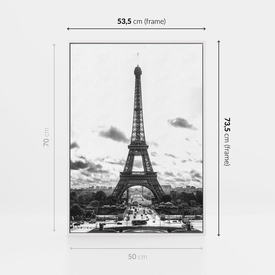 Obraz w ramie 50x70 - Wieża Eiffla - czarno białe zdjecie, wieża eiffla - rama biała