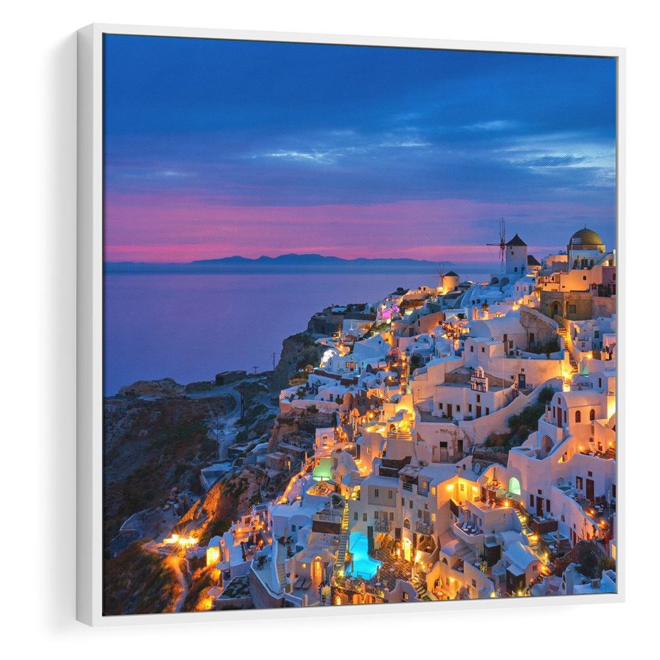 Obraz w ramie 50x50 - Wyblakłe wspomnienia gwiazd - Santorini, wieczór - rama biała