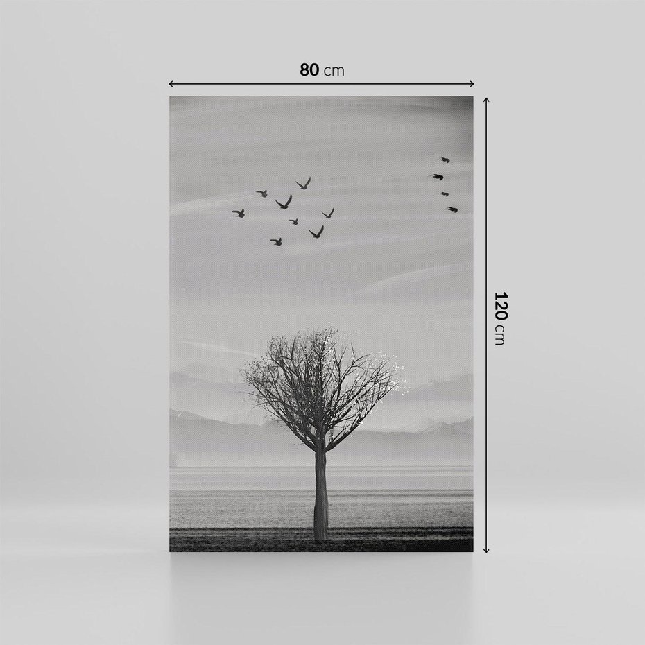 Obraz na płótnie 80x120 - Samotne Drzewo - samotne drzewo w polu, czarno białe zdjęcie