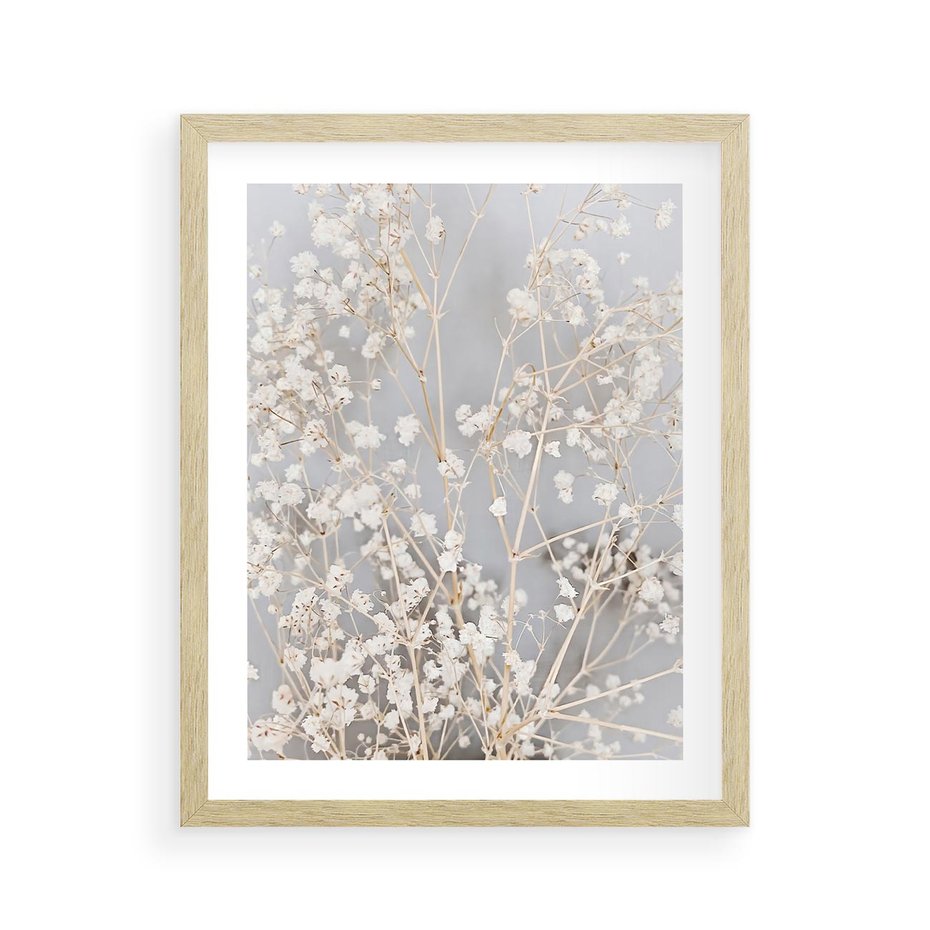 Plakat w ramie 40x50 - Białe Drobne Kwiaty - gipsówka, białe drobne kwiatki - rama drewno