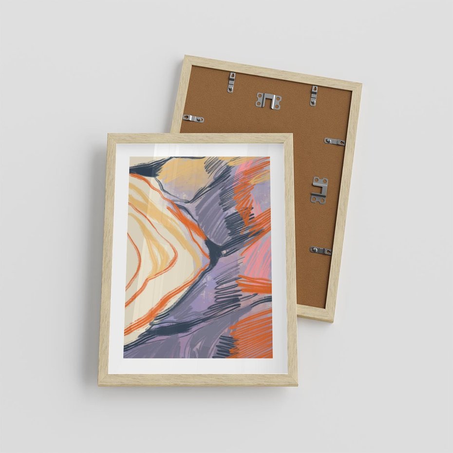Plakat w ramie 30x40 - Pokreślony Świat - abstrakcyjne formy, odcienie pomarańczu i fioletu - rama drewno