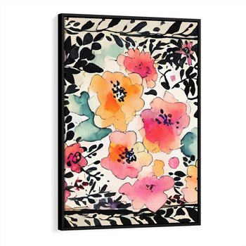 Obraz w ramie 50x70 - Opowieść w kroplach farb - akwarelowe kwiaty, mocna ornamentowa czarna ramka namalowana dookoła obrazu - rama czarna