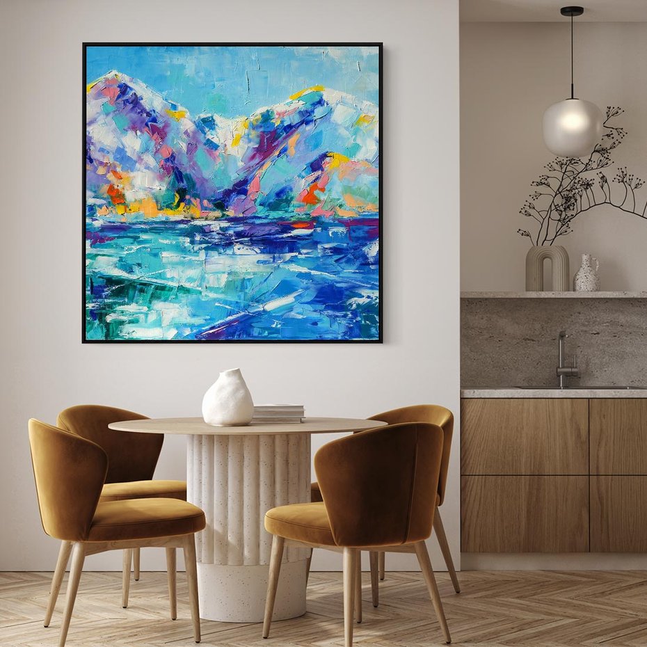 Obraz w ramie 50x50 - Mistyka Górskich Marzeń - abstrakcja, pejzaż gór - rama czarna