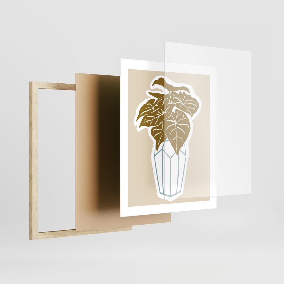 Plakat w ramie 40x50 - Bezgraniczne Marzenia - nowoczesna kompozycja, liście monstery w wazonie - rama drewno