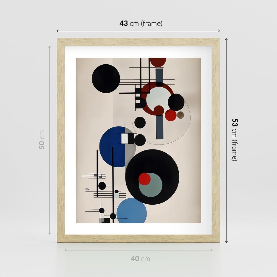Plakat w ramie 40x50 - Rozkwitające Wibracje Wyobraźni - abstrakcyjna geometryczna kompozycja, koła linie - rama drewno