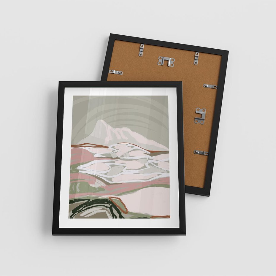 Plakat w ramie 40x50 - Szarawe Wzgórza - pastelowy krajobraz, nowoczesny plakat - rama czarna