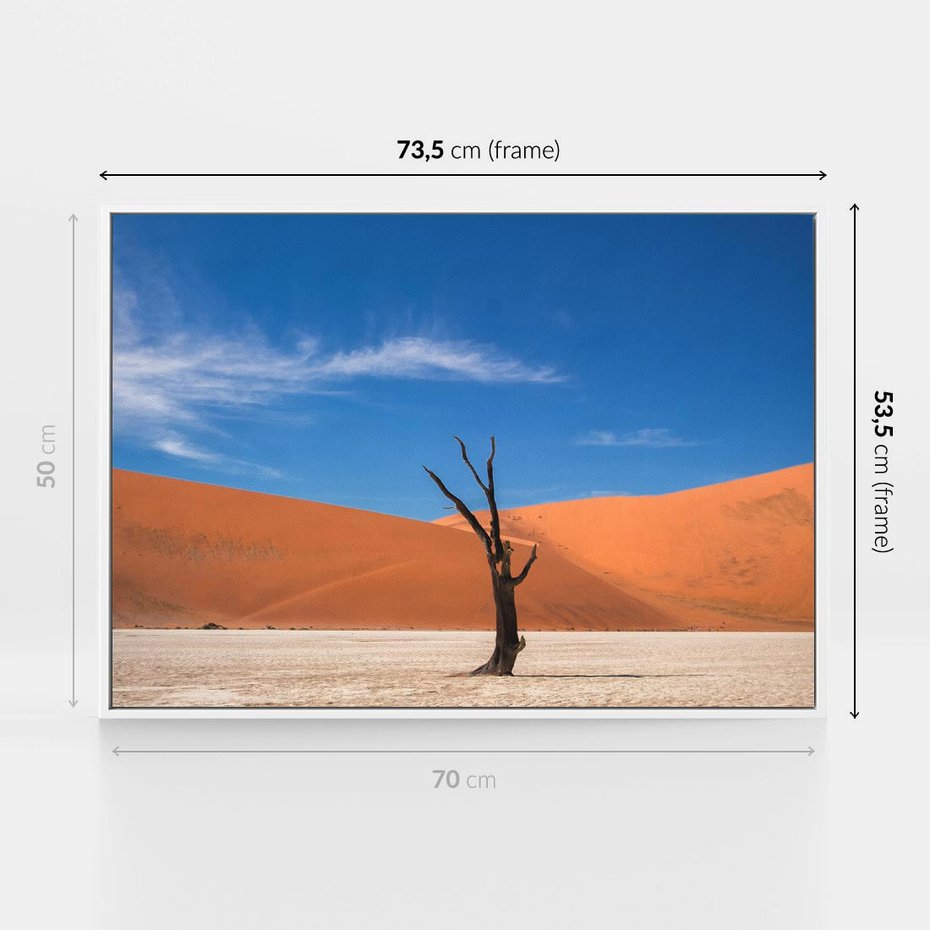 Obraz w ramie 70x50 - Słońce i Suche Drzewo - pustynia, suche - rama biała