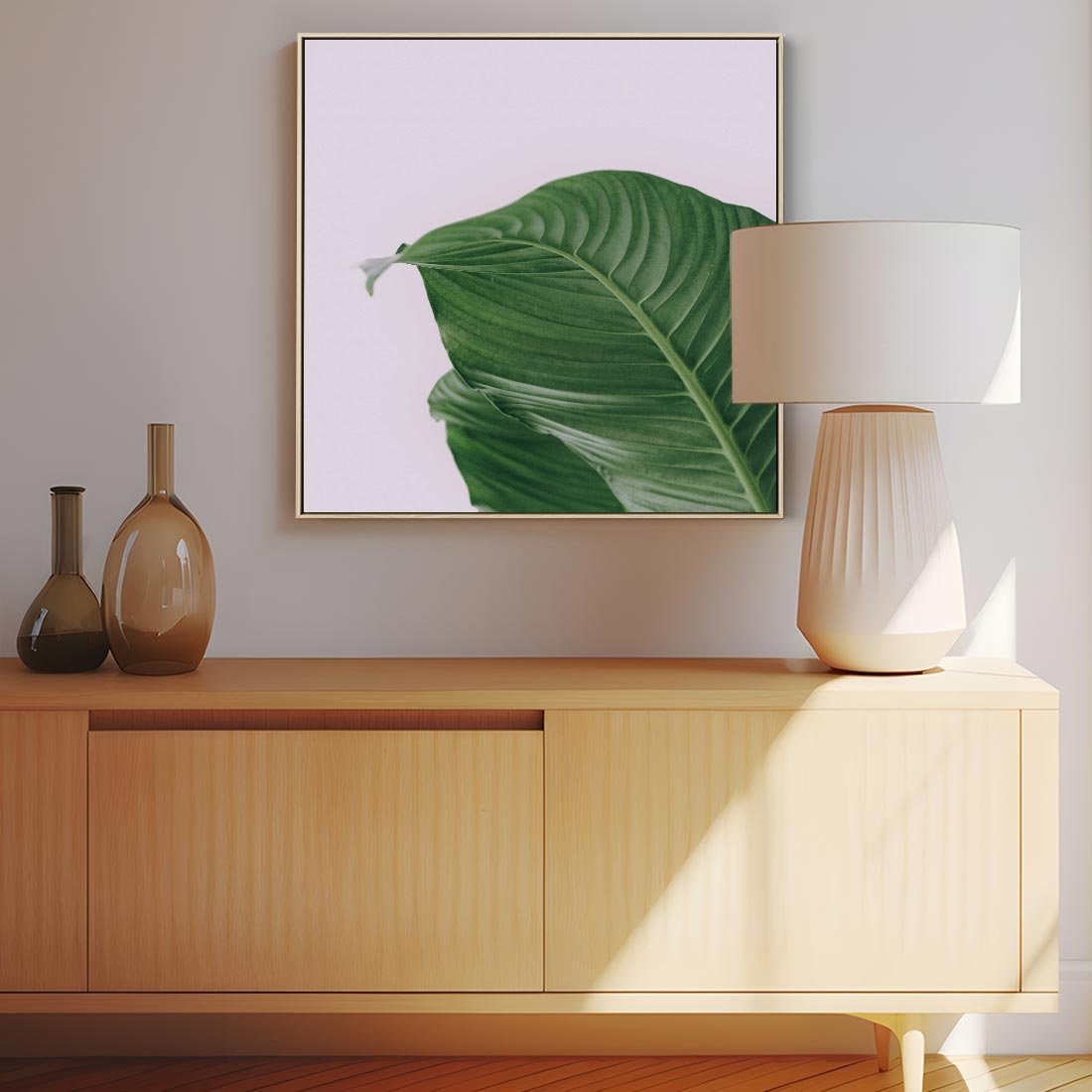 Obraz w ramie 50x50 - Zielone liście monstery - liście, monstera - rama drewno