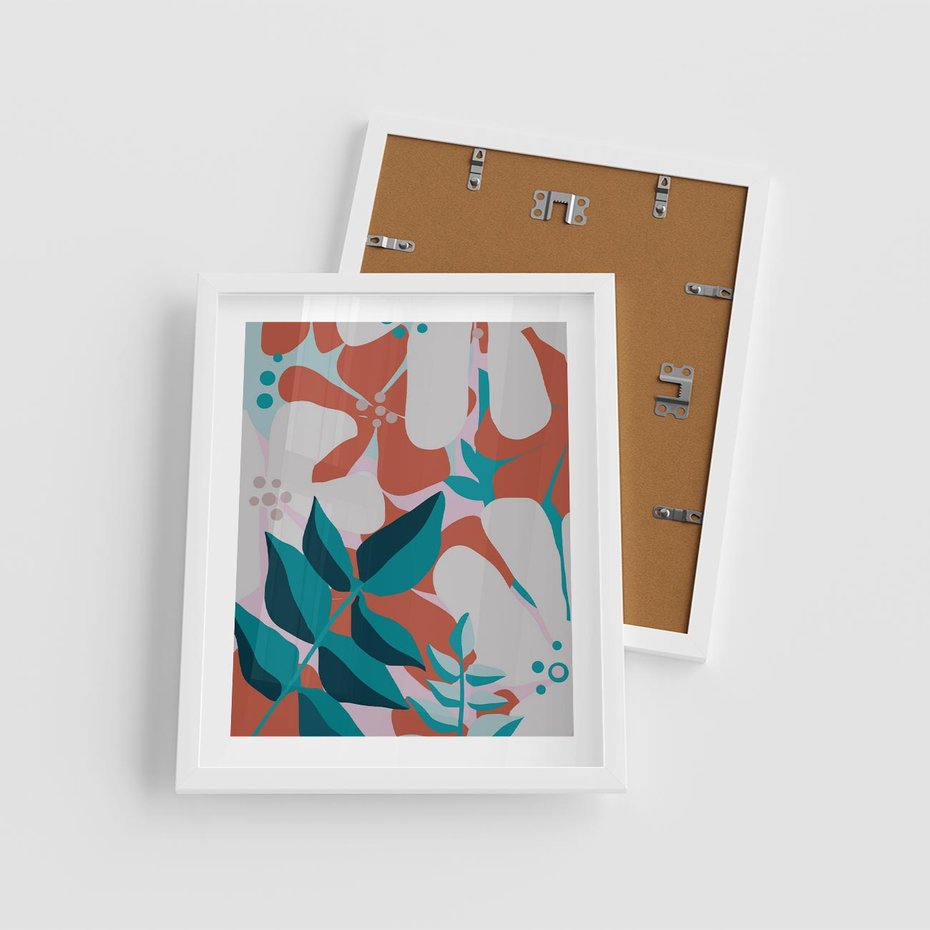Plakat w ramie 40x50 - Harmonijne Formy - abstrakcyjna kompozycja kwiatowych form, kolor zgaszone - rama biała