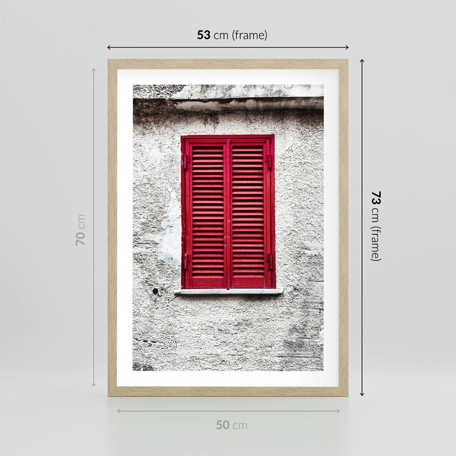 Plakat w ramie 50x70 - Okno z Czerwonymi Okiennicami - stare okno, kamienica - rama drewno
