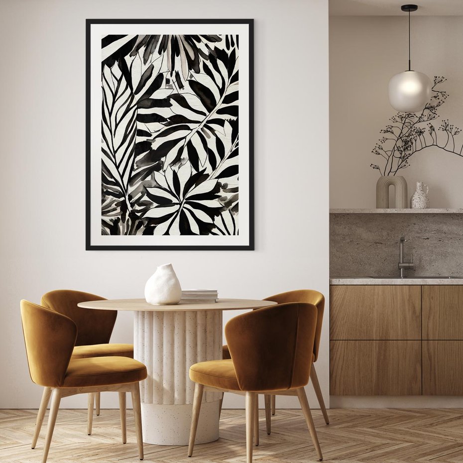 Plakat bez ramy 21x30 - Czarne Liście - akwarelowy obraz, czarno biały