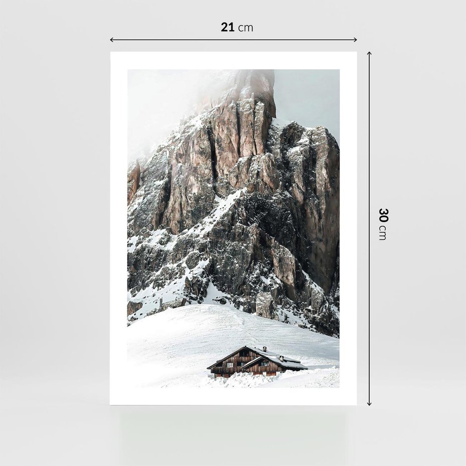 Plakat bez ramy 21x30 - Górski Raj z Chatką - górskie szczyty, ośnieżone góry