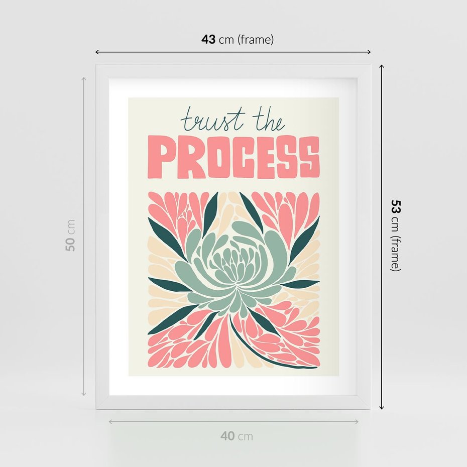 Plakat w ramie 40x50 - Rozbijające Barwy - abstrakcyjny pastelowy kwiat, wyrazista typografia - rama biała