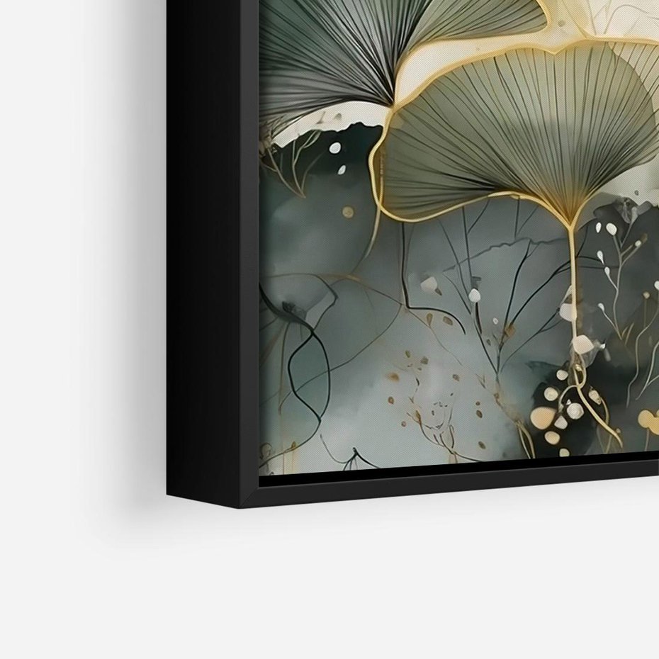 Obraz w ramie 70x50 - Natura w Złotym Odcieniu - złote elementy, liście miłorzębu japońskiego - rama czarna