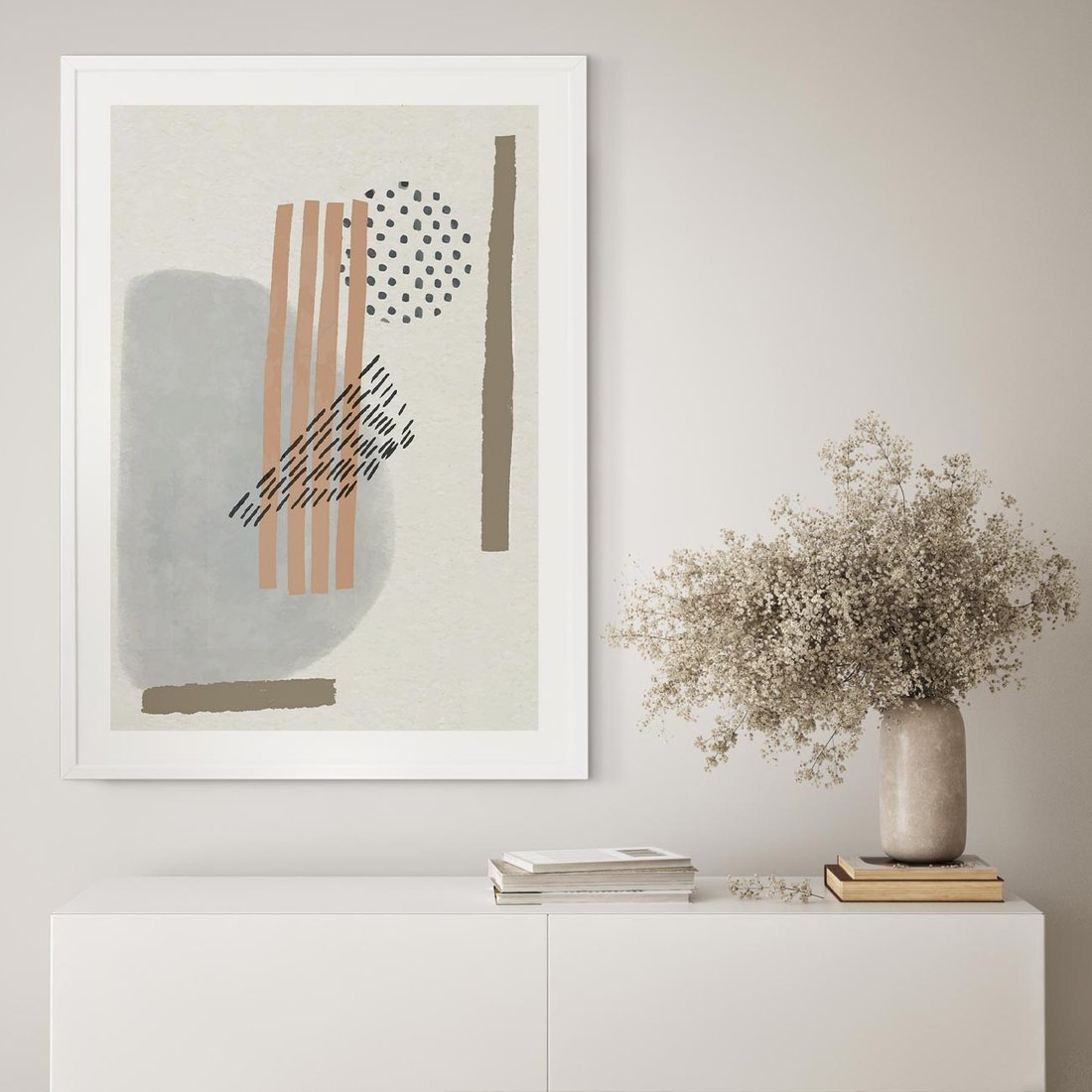 Plakat w ramie 30x40 - Nowoczesna Abstrakcja: Delikatne Beże - abstrakcja, nowoczesna sztuka - rama biała