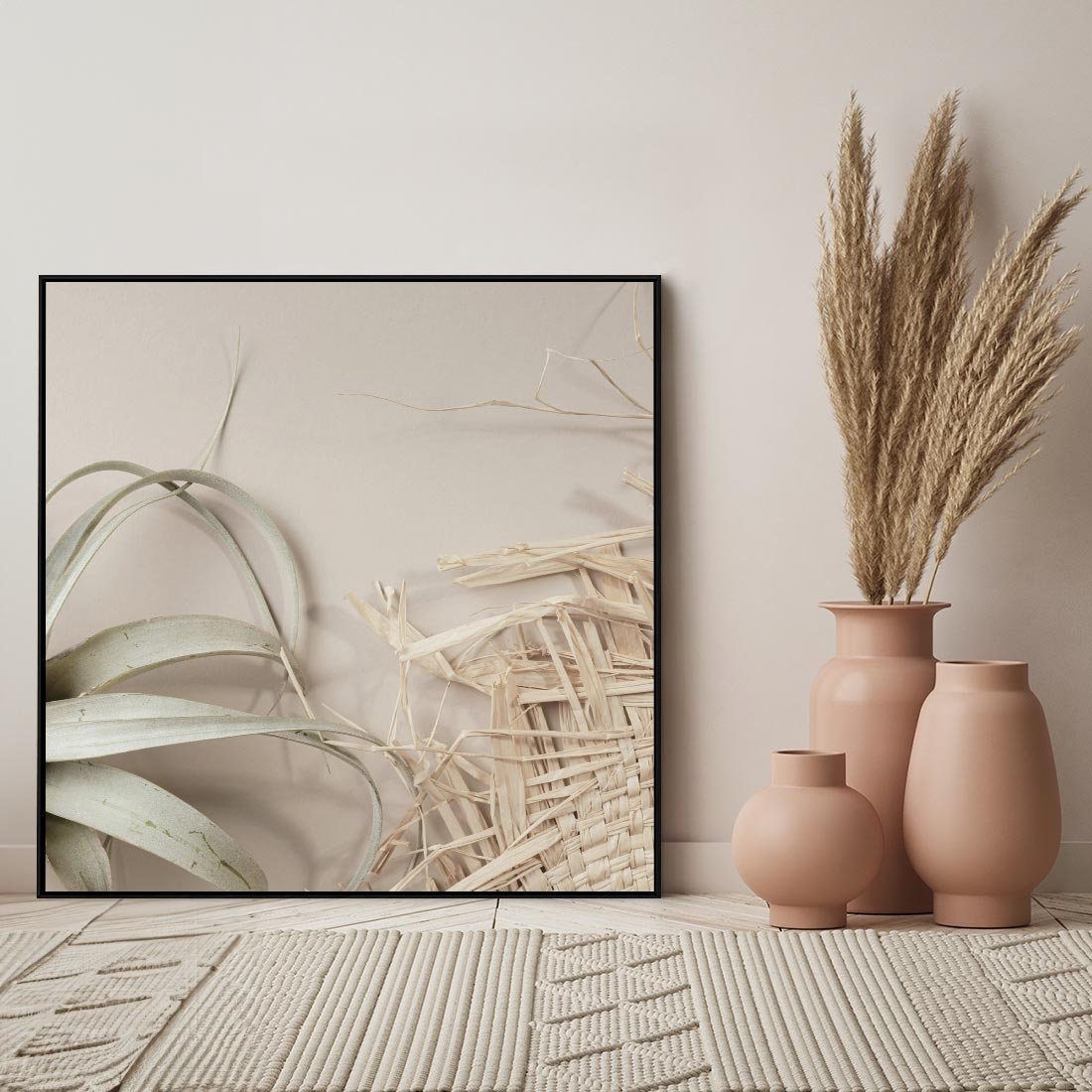 Obraz w ramie 50x50 - Boho urok suchych liści - suche, liście - rama czarna