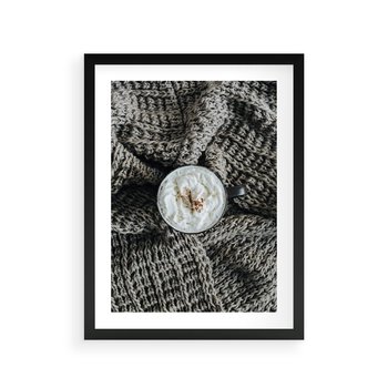 Plakat w ramie 50x70 - Relaks z Kawą i Kocem - ciepły wełniany koc, kawa z bitą śmietaną - rama czarna