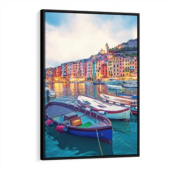 Obraz w ramie 50x70 - Tańczące kolory zachodu - nadmorskie kolorowe miast, kolorowe budynki na brzegu - rama czarna